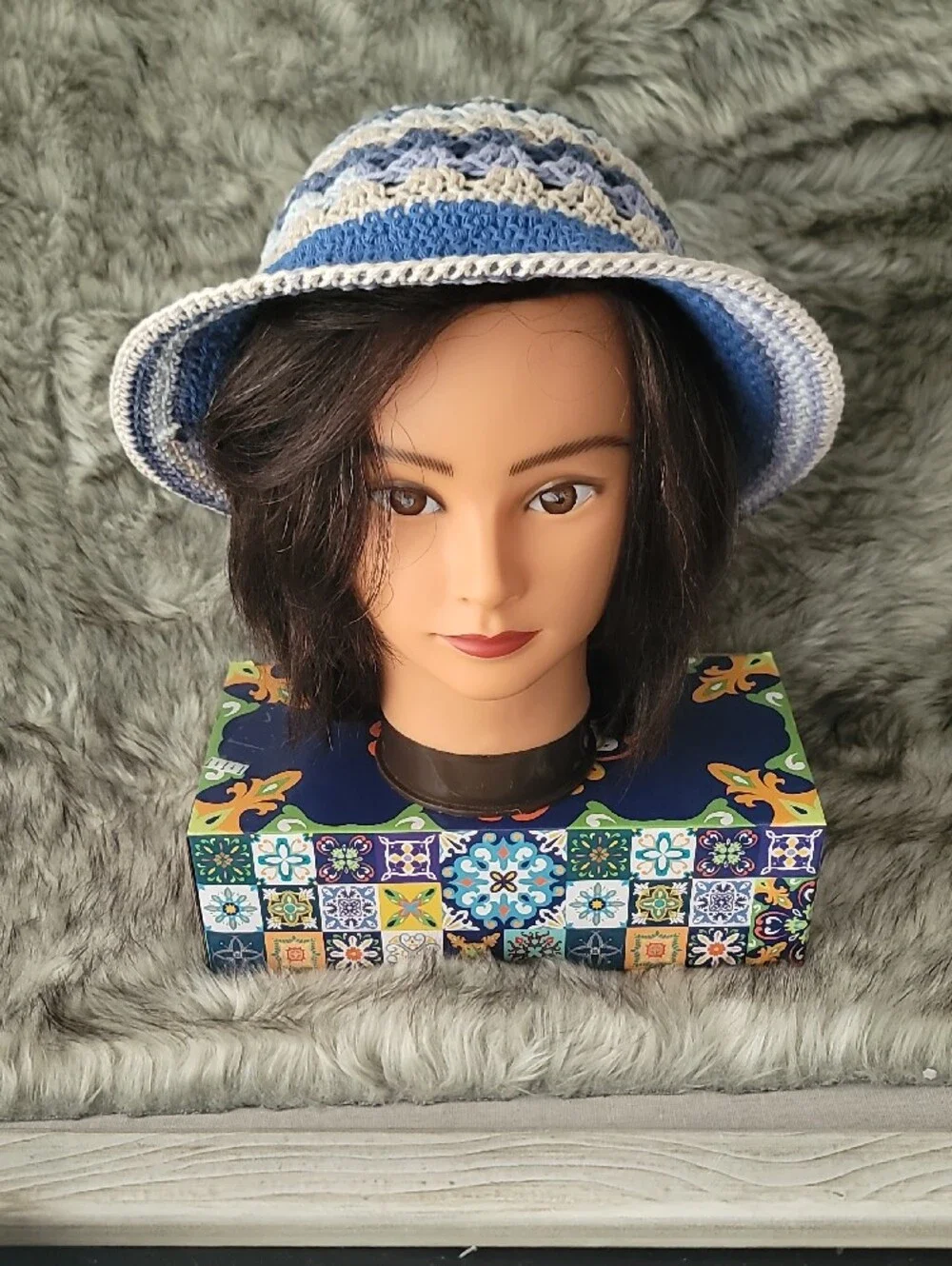 Handmade Crochet Bucket Hat in Blue and Cream - Women Accessories